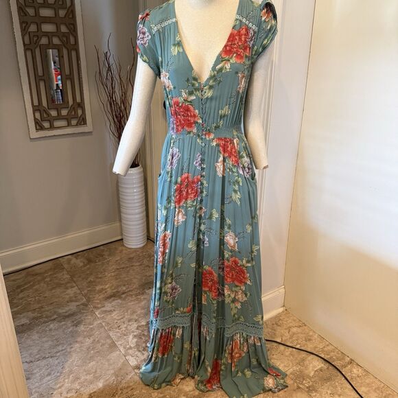 Jaase Dresses & Skirts - JAASE Maxi Dress Smocked Waist Green Floral Size Large BOHO Cottage Core Indiana